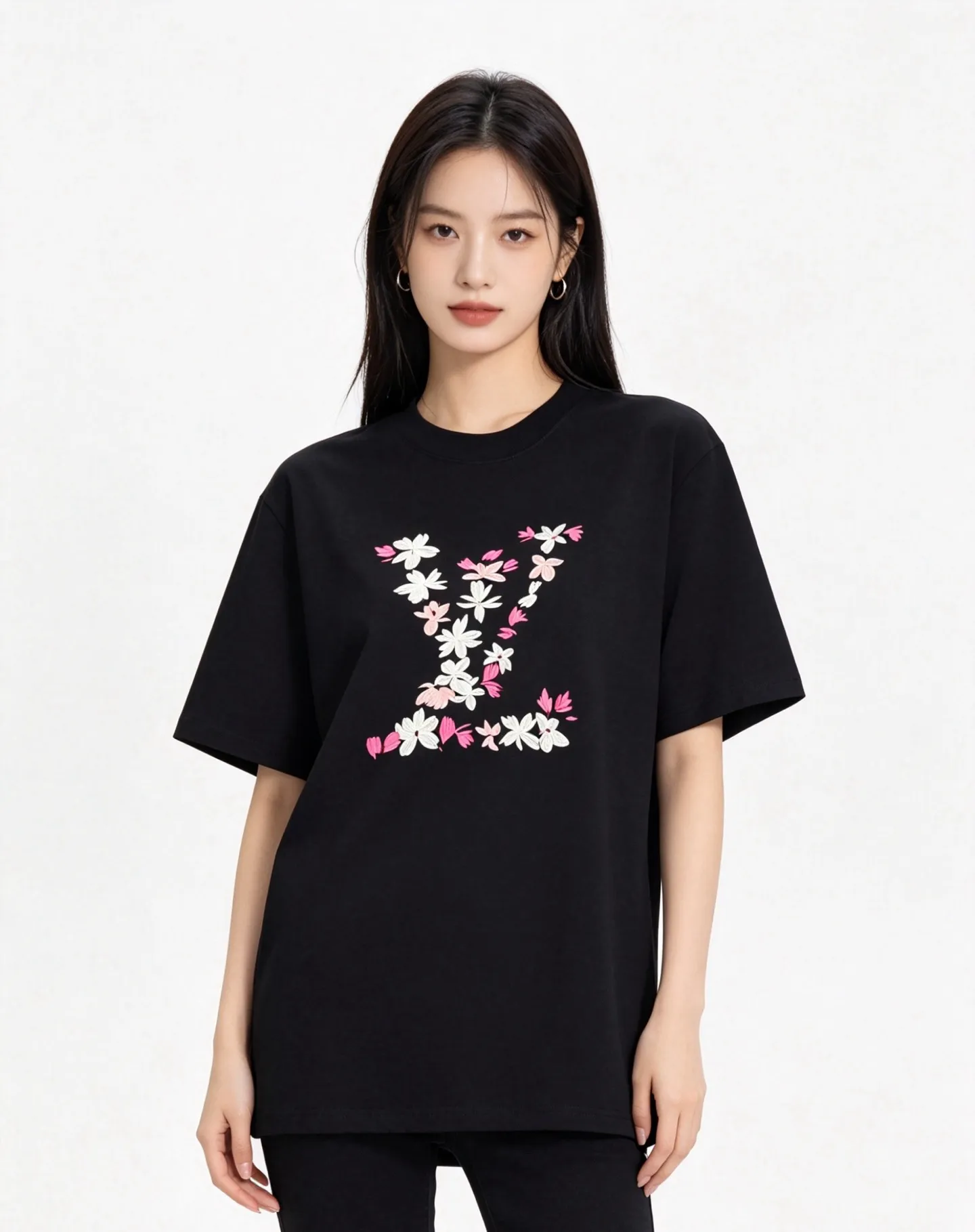 Louis Vuitton/Louis Vuitton 26ss cherry blossom embroidered LV logo short sleeves